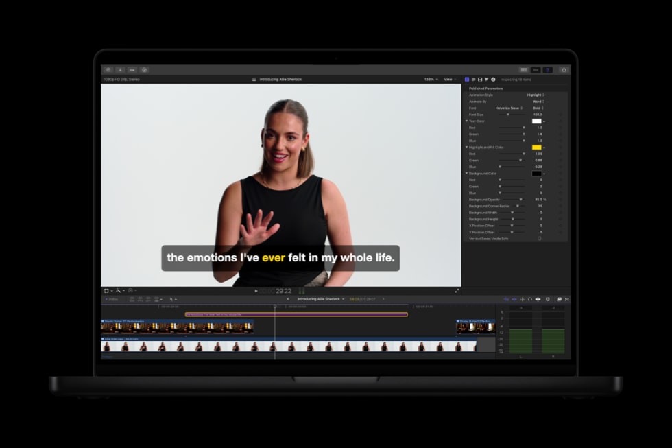 显示 Final Cut Pro 中 Generate Captions 功能的 MacBook Pro。
